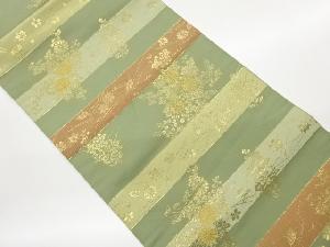 秋草に吹き寄せ・横縞模様織出し開き名古屋帯（額縁仕立て）